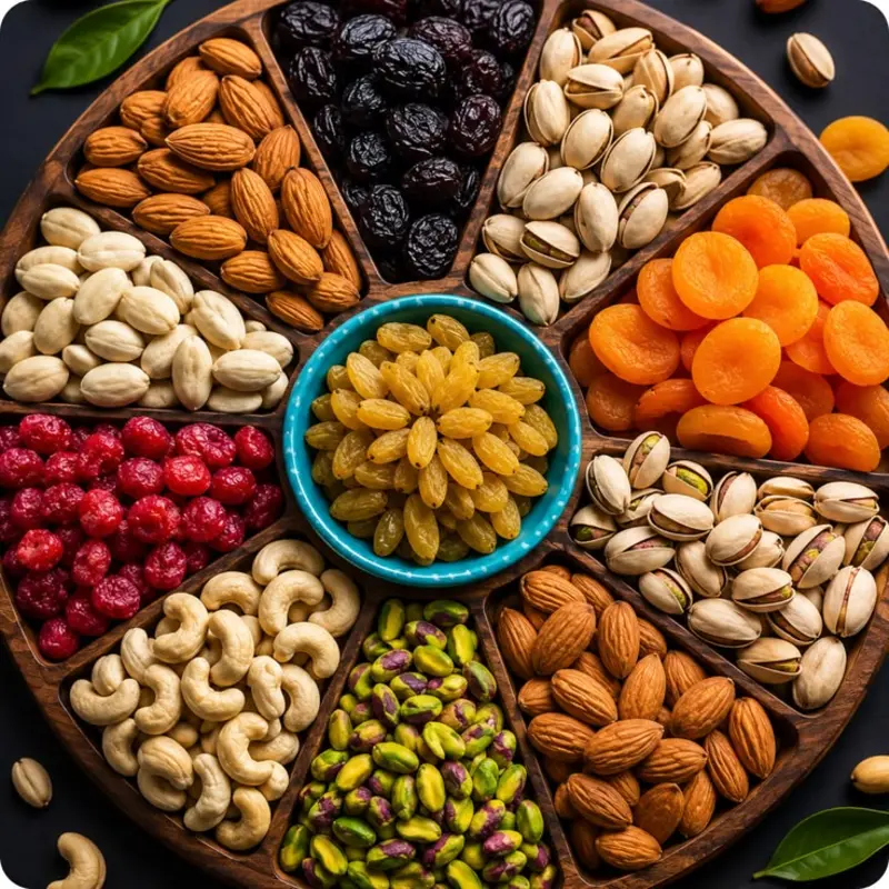 Mixed dry fruits including almonds, pistachios, cashews, raisins and apricots for Awaisia Pansar