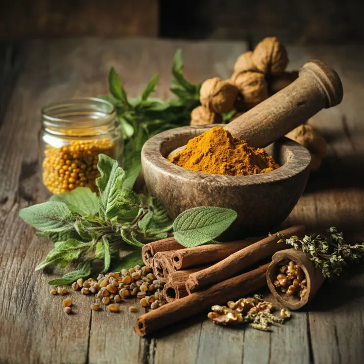 Herbs and spices with turmeric powder