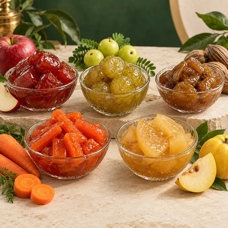 Apple, amla, harar, carrot and quince murabba in glass bowls for Awaisia Pansar