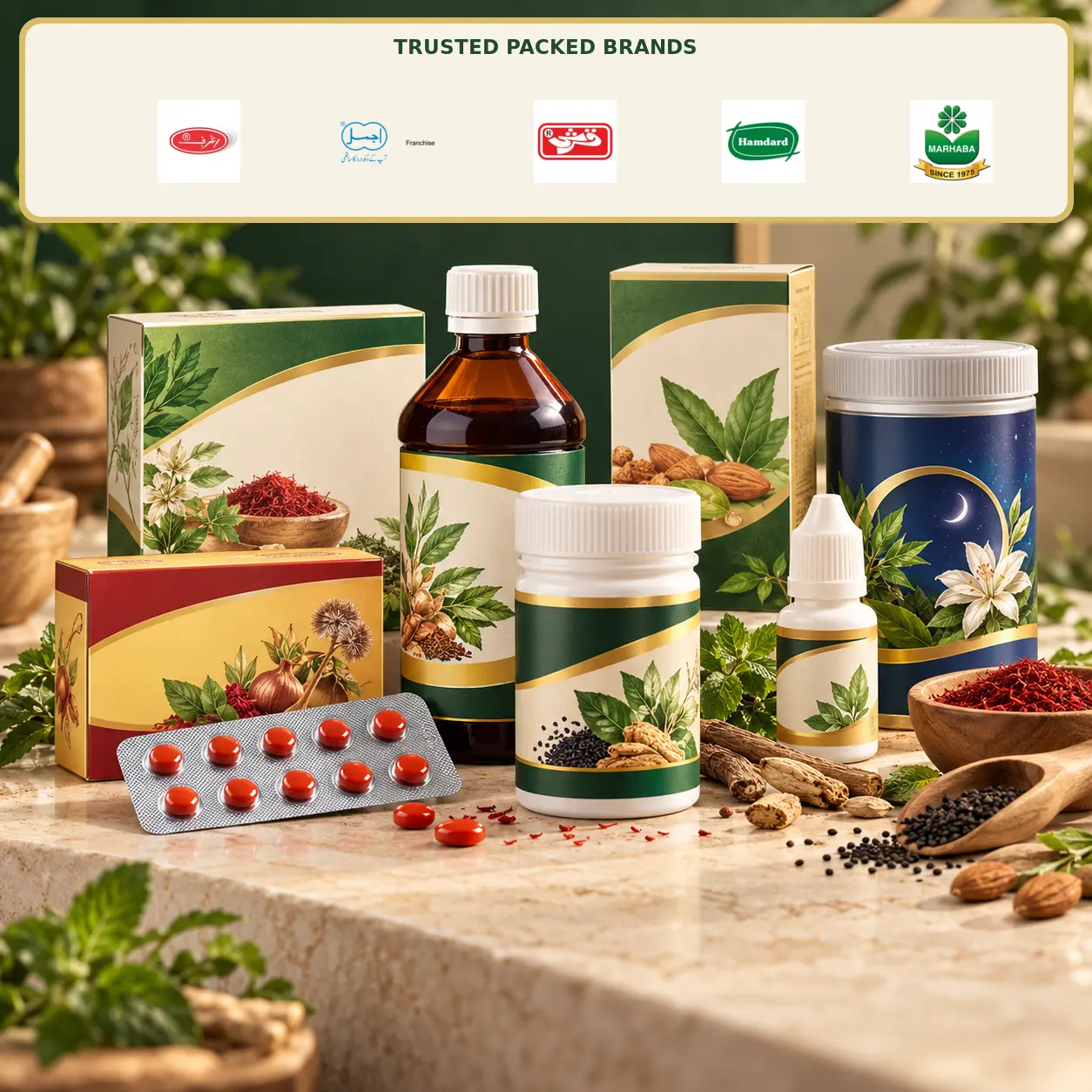 Packed herbal products with Ajmal, Qarshi, Hamdard and Marhaba logos for Awaisia Pansar