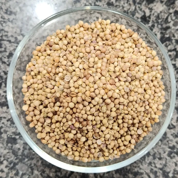 Whole coriander seeds in a glass bowl at Awaisia Pansar — ثابت دھنیا